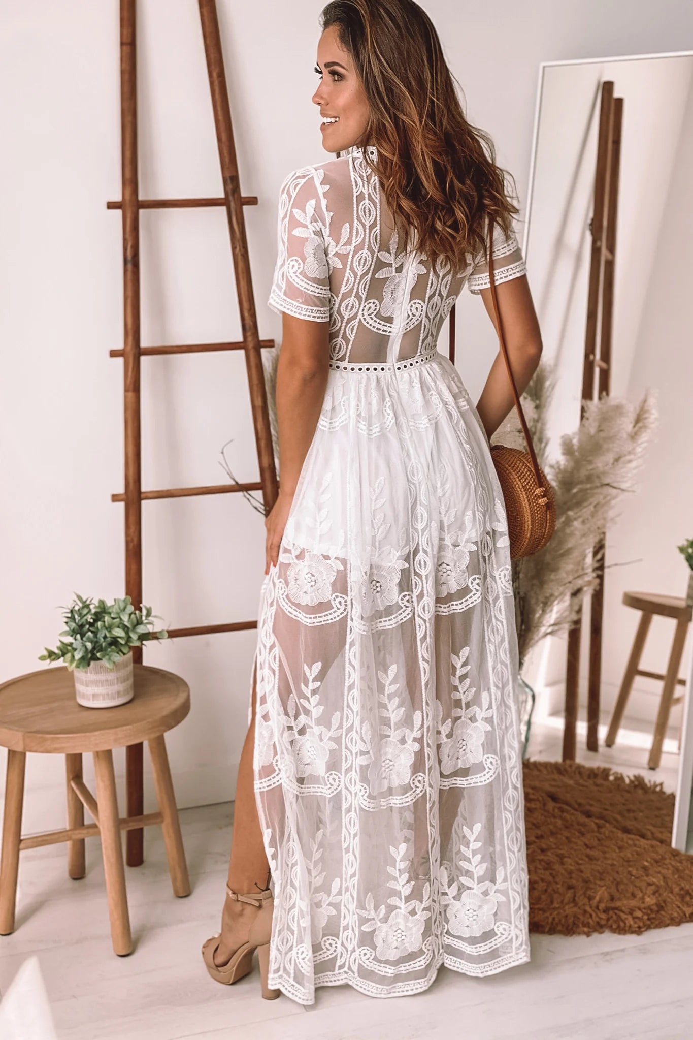 Off White Lace Maxi Romper with Sleeves and Slits