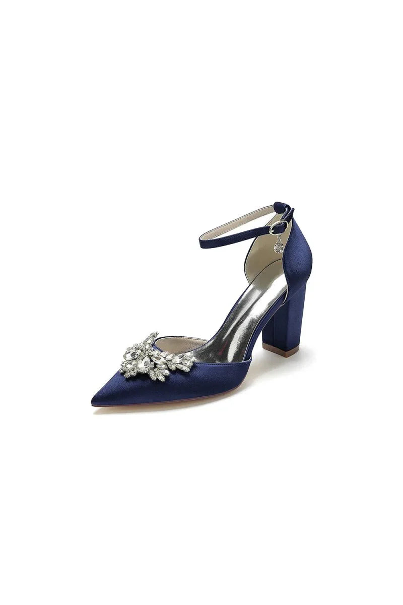 Rhinestone Pointed Toe Ankle Strap Satin Chunky Heel