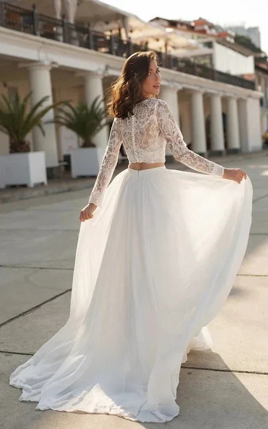 Two Piece V neck Wedding Dress with Sweep Train Lace Long Sleeves