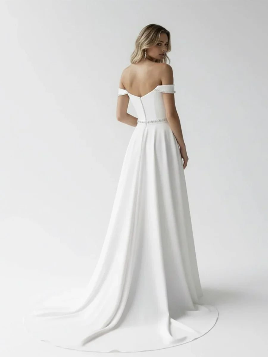 A Line Off the Shoulder Beaded Wedding Dress