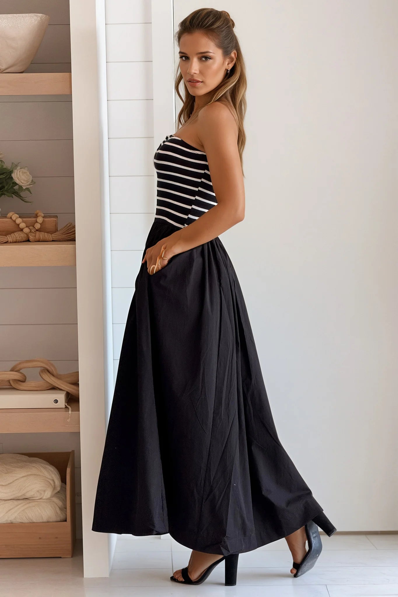 Black Striped Strapless Flowy Midi Dress