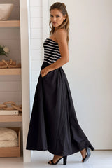 Black Striped Strapless Flowy Midi Dress