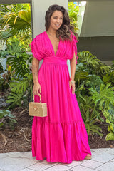 Hot Pink Deep V Neck Maxi Dress