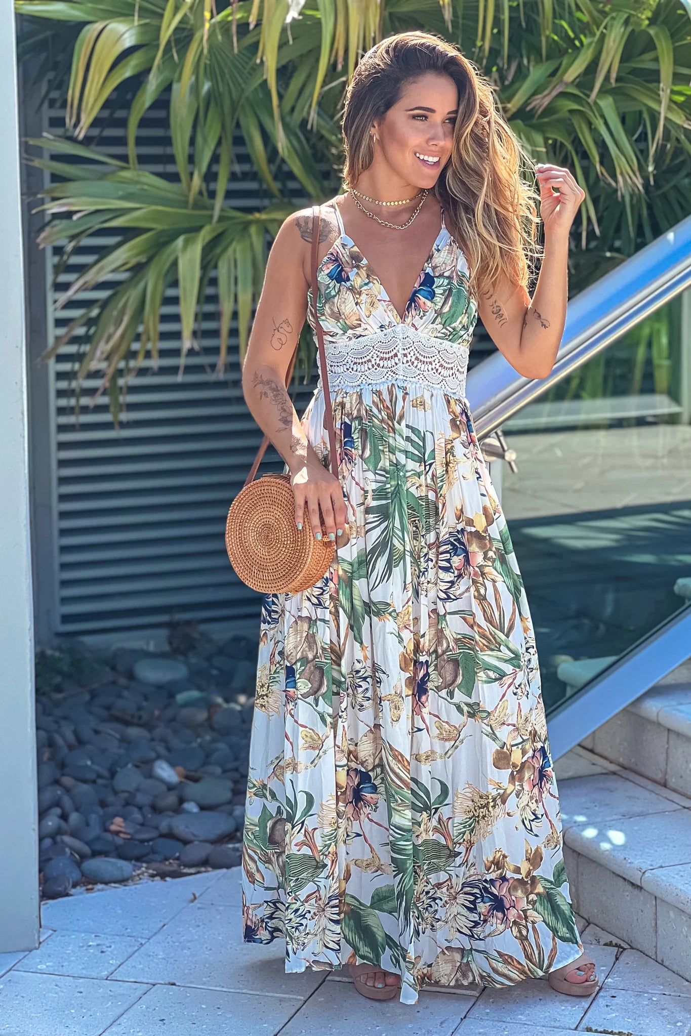 Ivory Printed Maxi Dress With Crochet Trim And Open Back