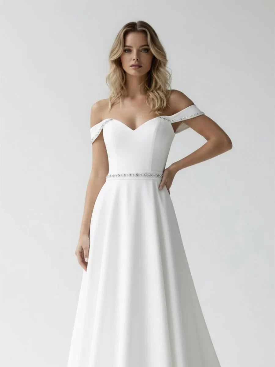 A Line Off the Shoulder Beaded Wedding Dress