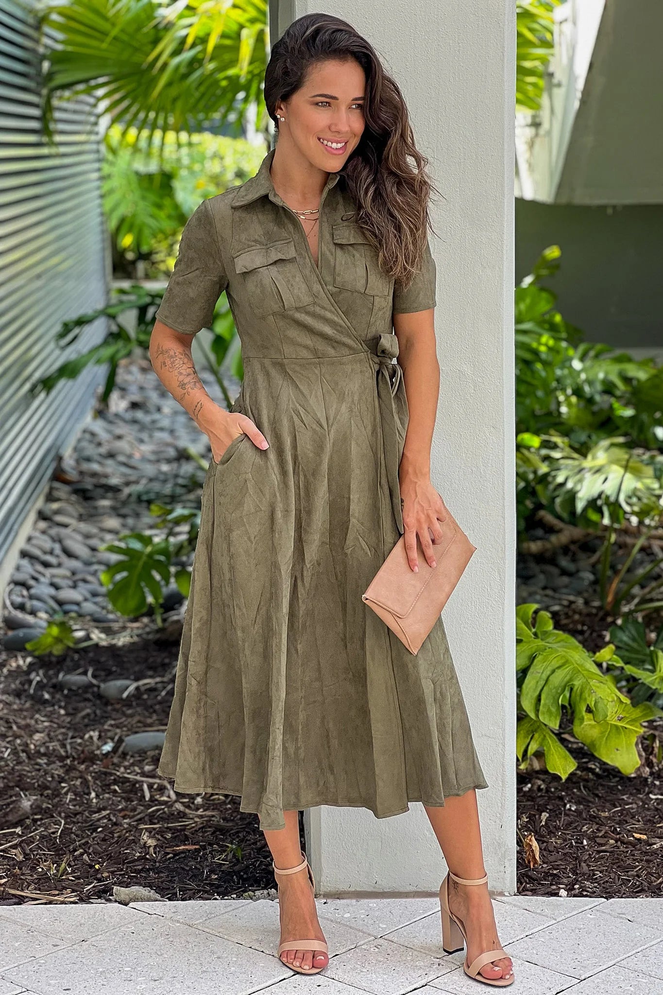 Dark Olive Suede Midi Dress
