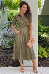 Dark Olive Suede Midi Dress