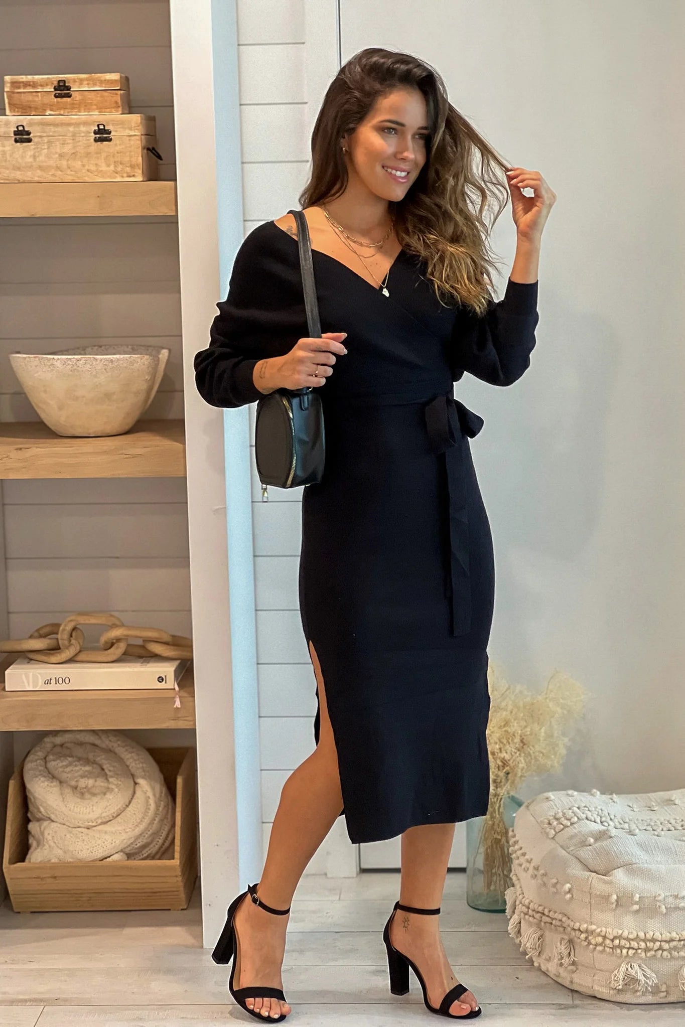 Black V Neck Ribbed Midi Dress