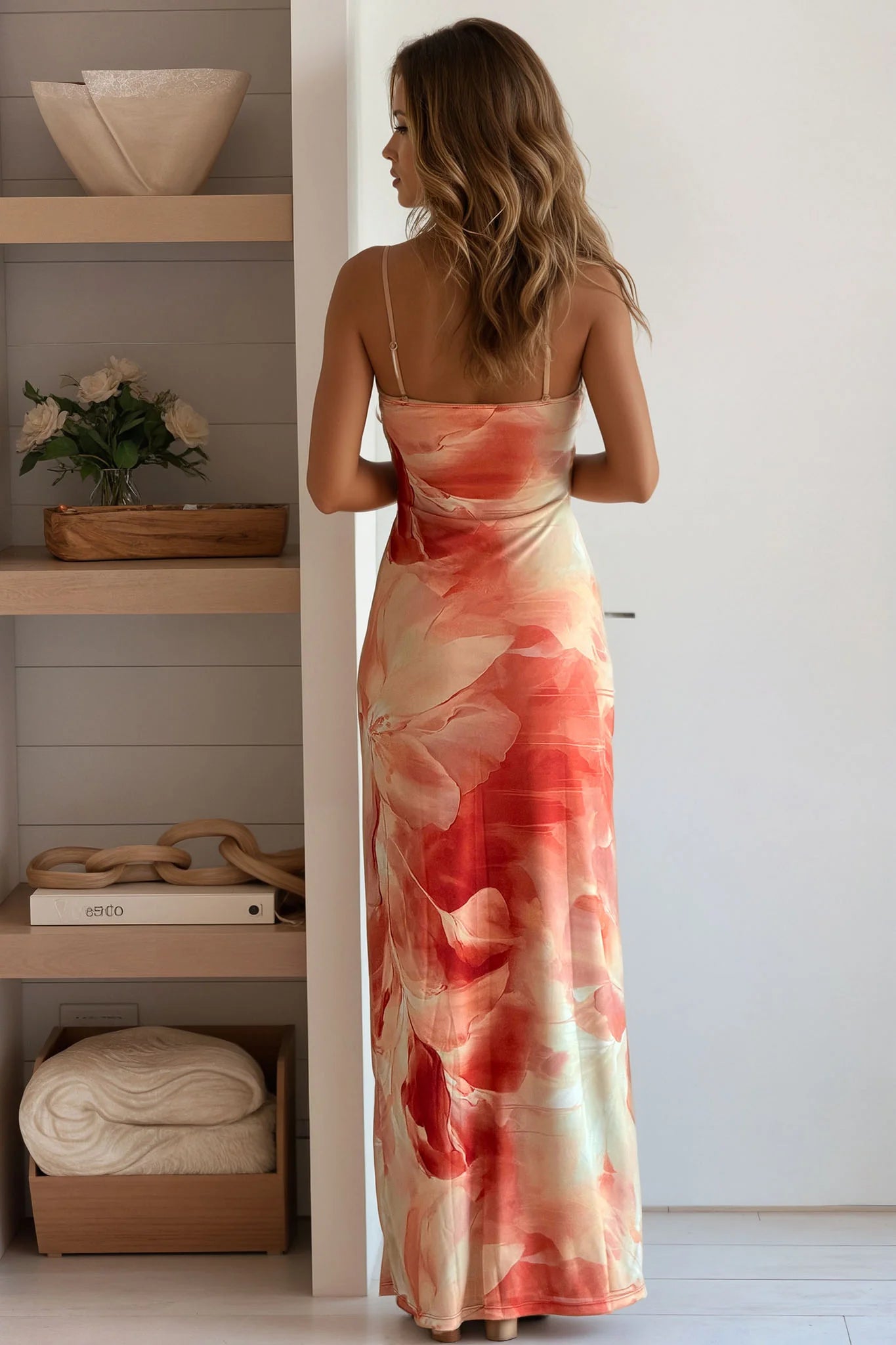 Orange Floral V Neck Maxi Dress