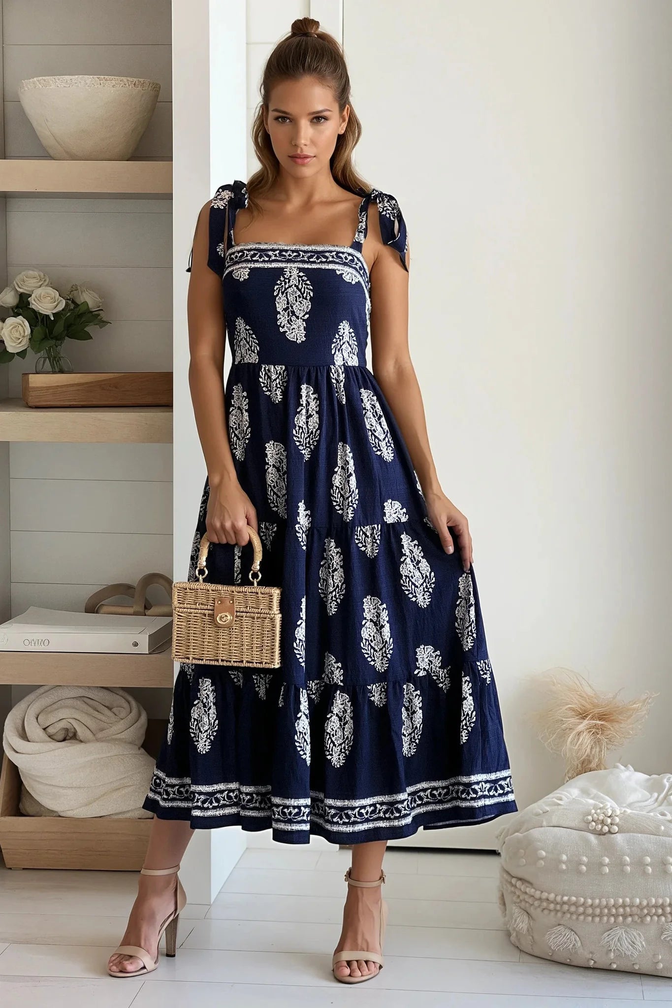Navy Printed Smocked Top Midi Dress