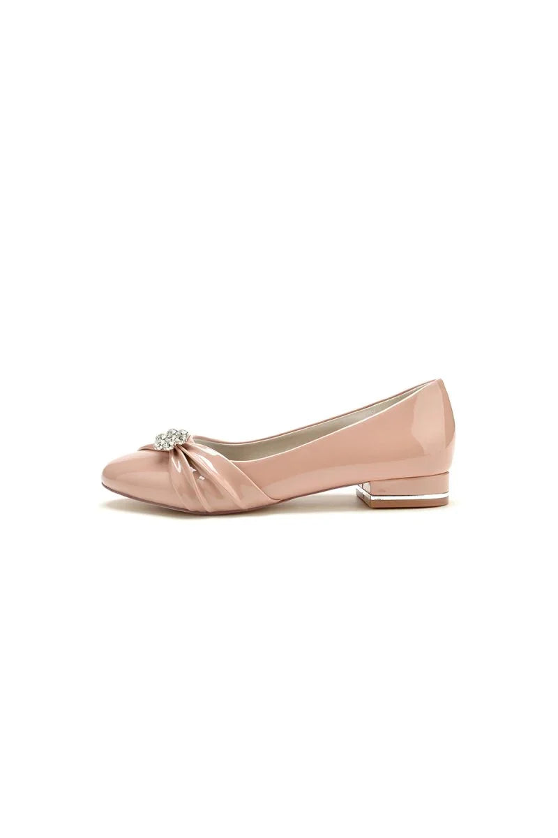 Pointed Toe Slip on Patent Leather Low Heels With Rhinestone