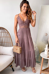 Dark Mocha Floral Crochet Top Maxi Dress