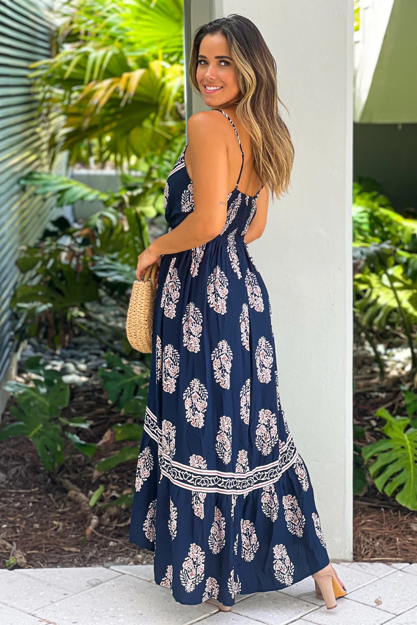 Navy Printed V Neck High Low Dress