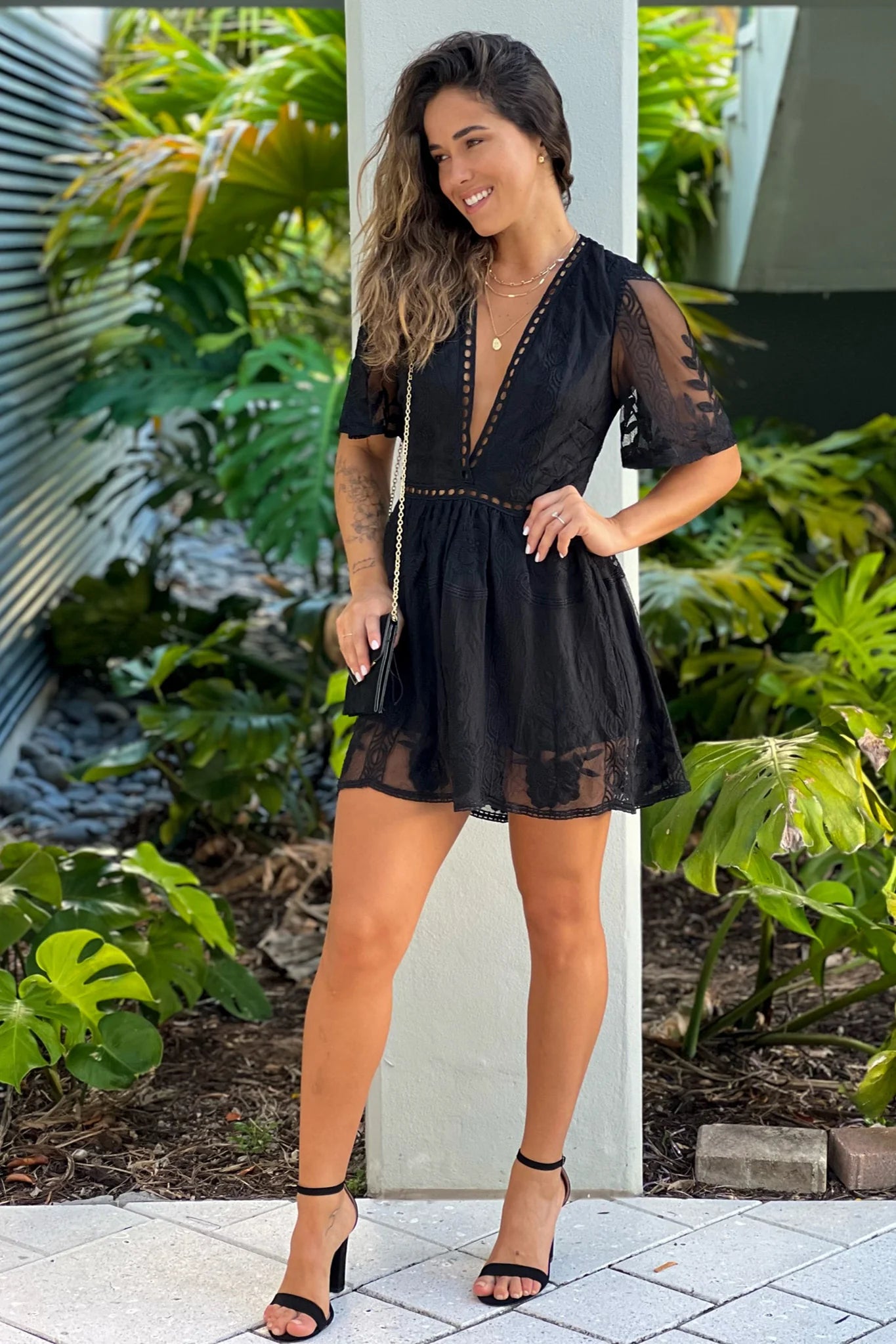 Black Floral Lace Eyelet Romper