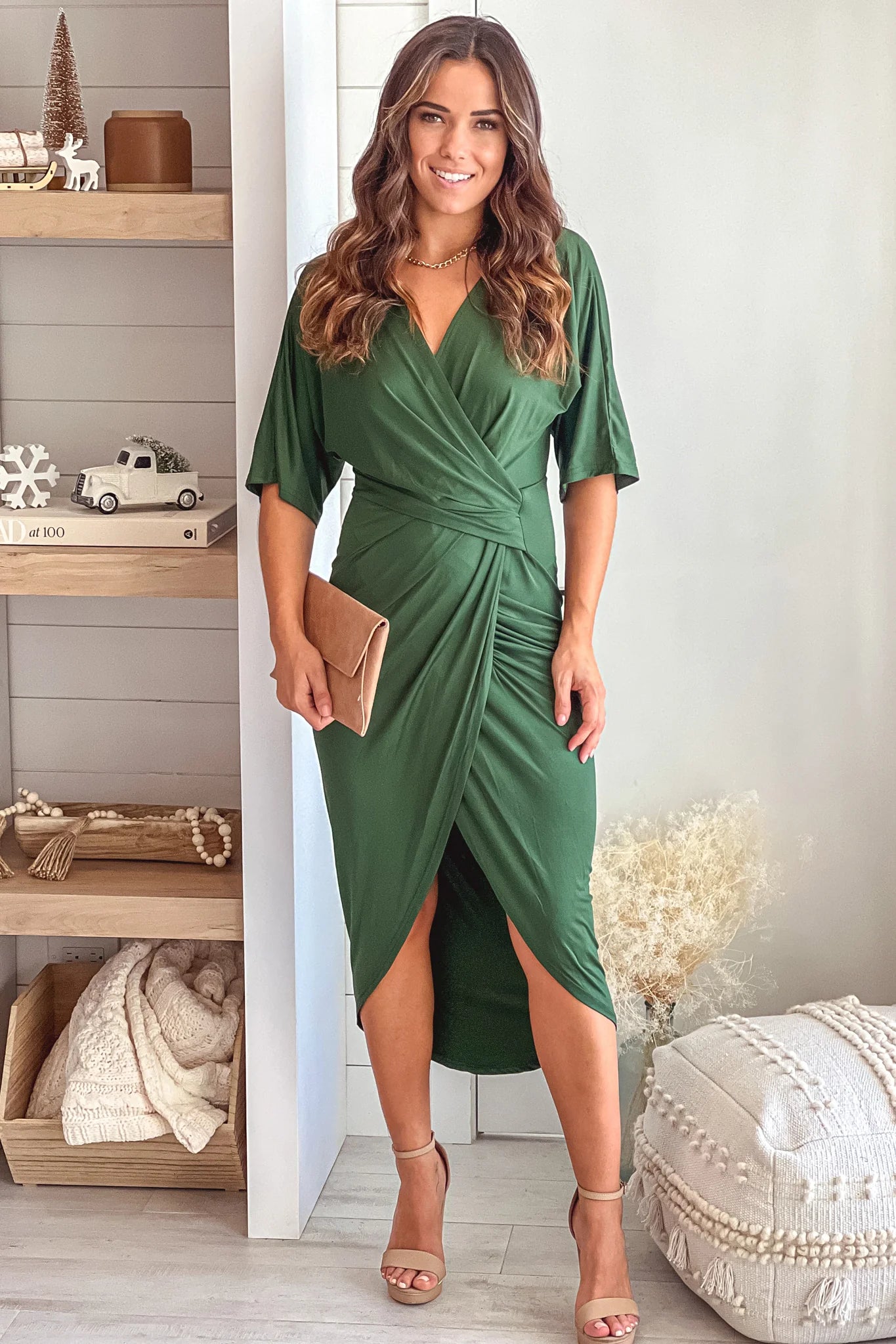 Hunter Green Asymmetrical Ruched Dress