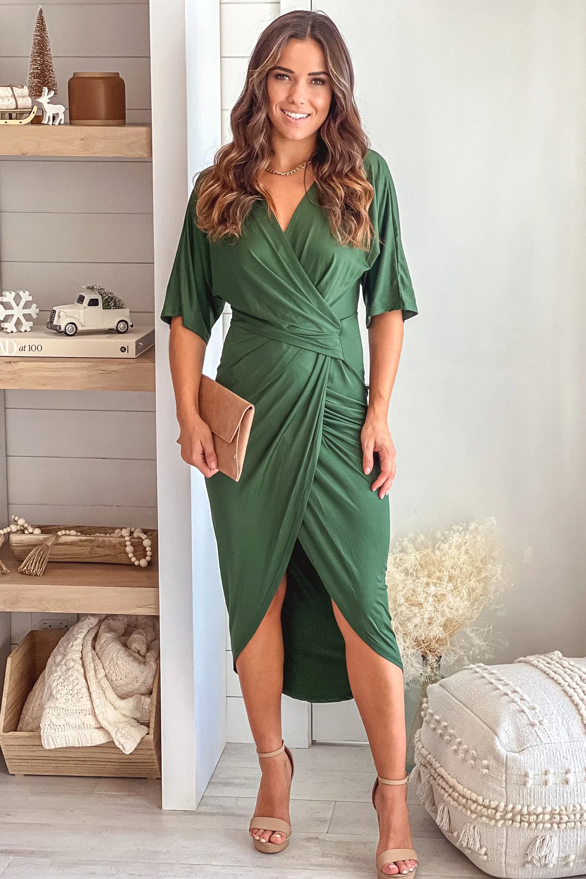 Hunter Green Asymmetrical Ruched Dress