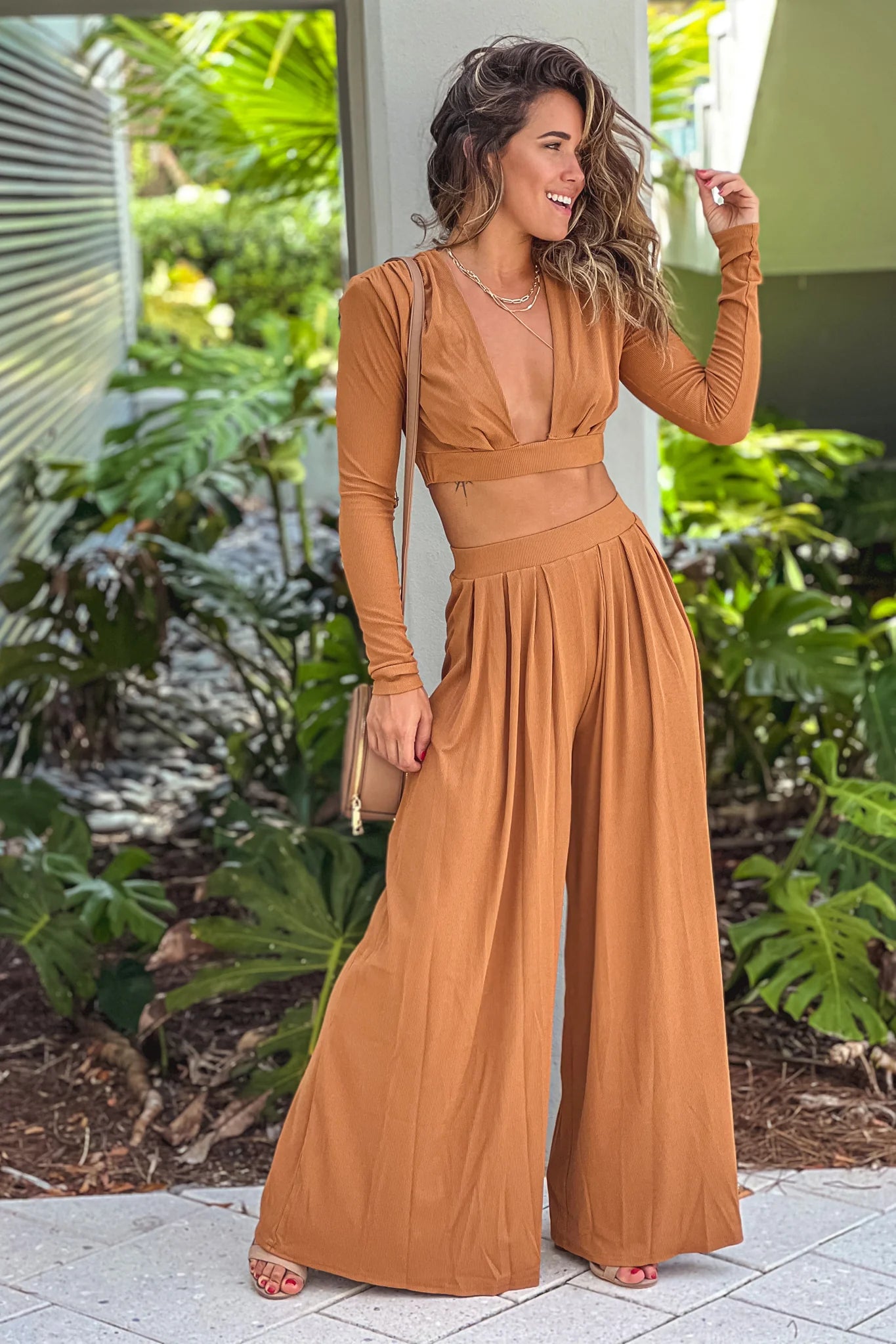Camel V Neck Top And Pants Set