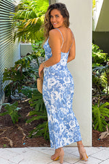 Blue Floral Cowl Neck Dress