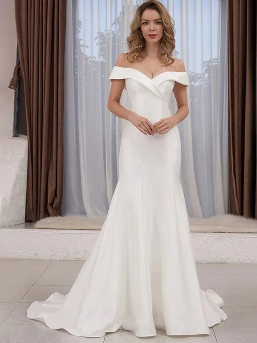 Chic Satin Off the Shoulder Sleeveless Sweep Train Bridal Dress