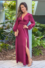 Dark Wine Puff Sleeve Maxi Dress With Slit