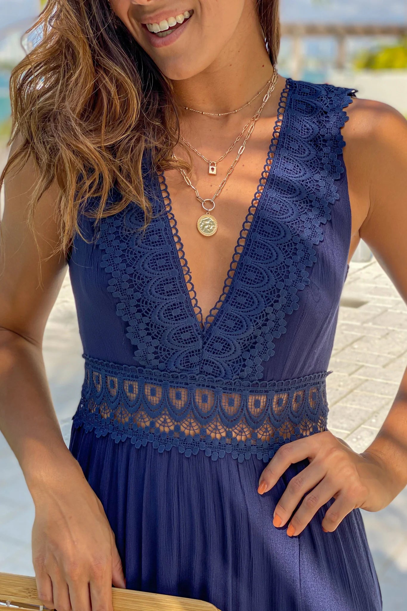 Navy V Neck Maxi Dress With Lace Trim