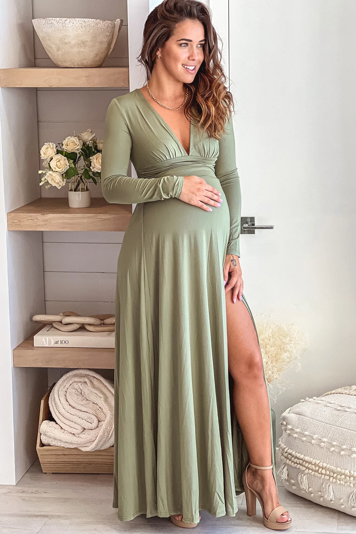 Olive Maternity Maxi Dress with Long Sleeves