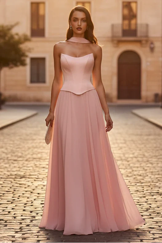 ISABELLA GOWN STRAPLESS CHIFFON DRESS WITH SCARF