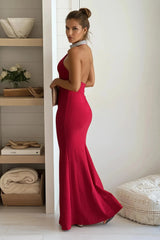Red Rhinestone Halter Backless Maxi Dress