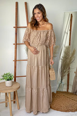 Champagne Off Shoulder Maternity Maxi Dress