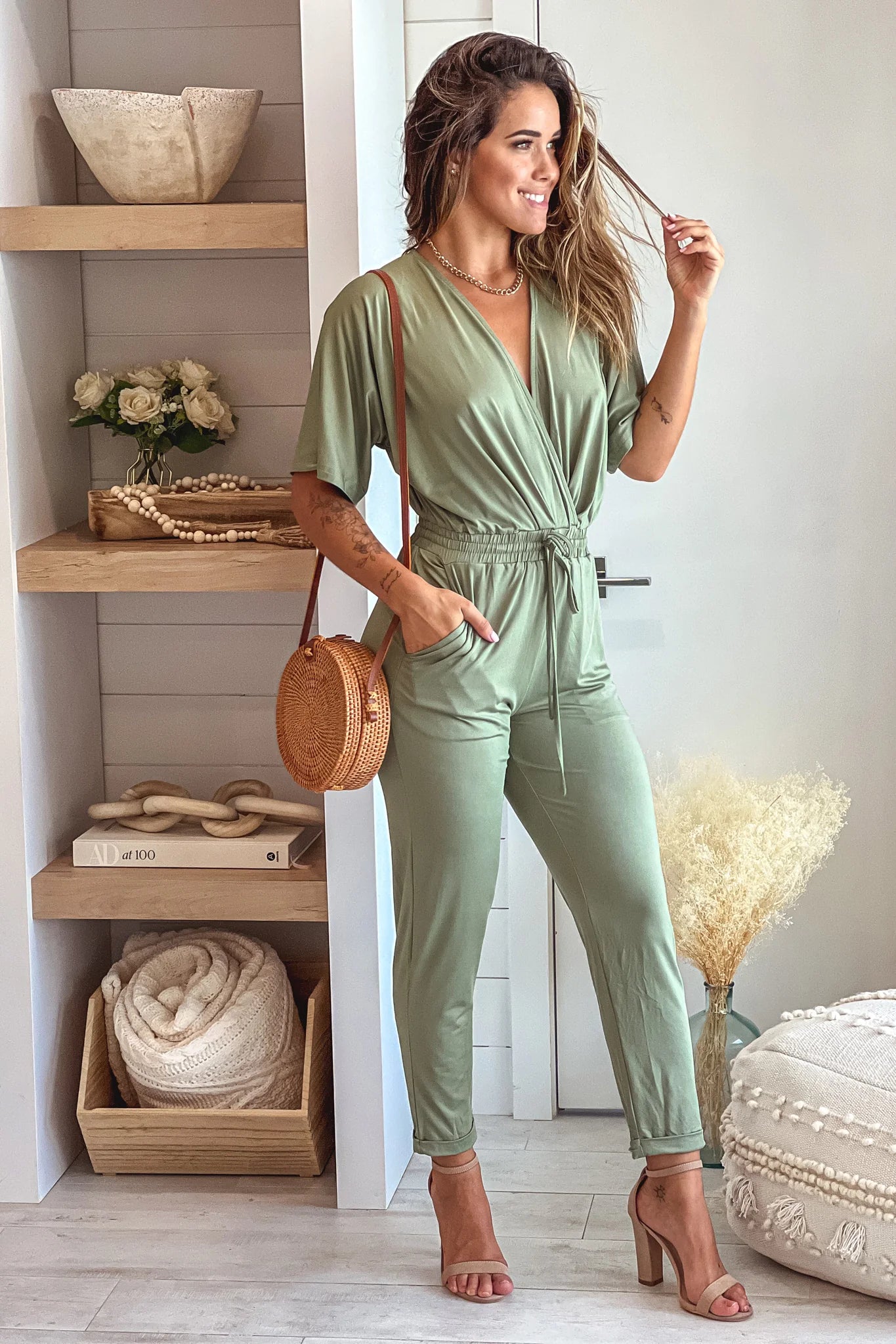 Olive V Neck Jumpsuit With Pockets