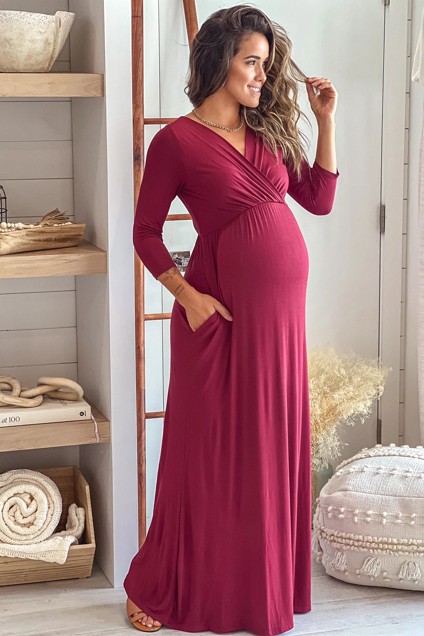 Burgundy Maternity Maxi Dress with Sleeves