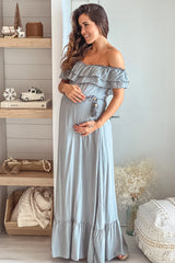 Sage Off Shoulder Waist Tie Maternity Maxi Dress