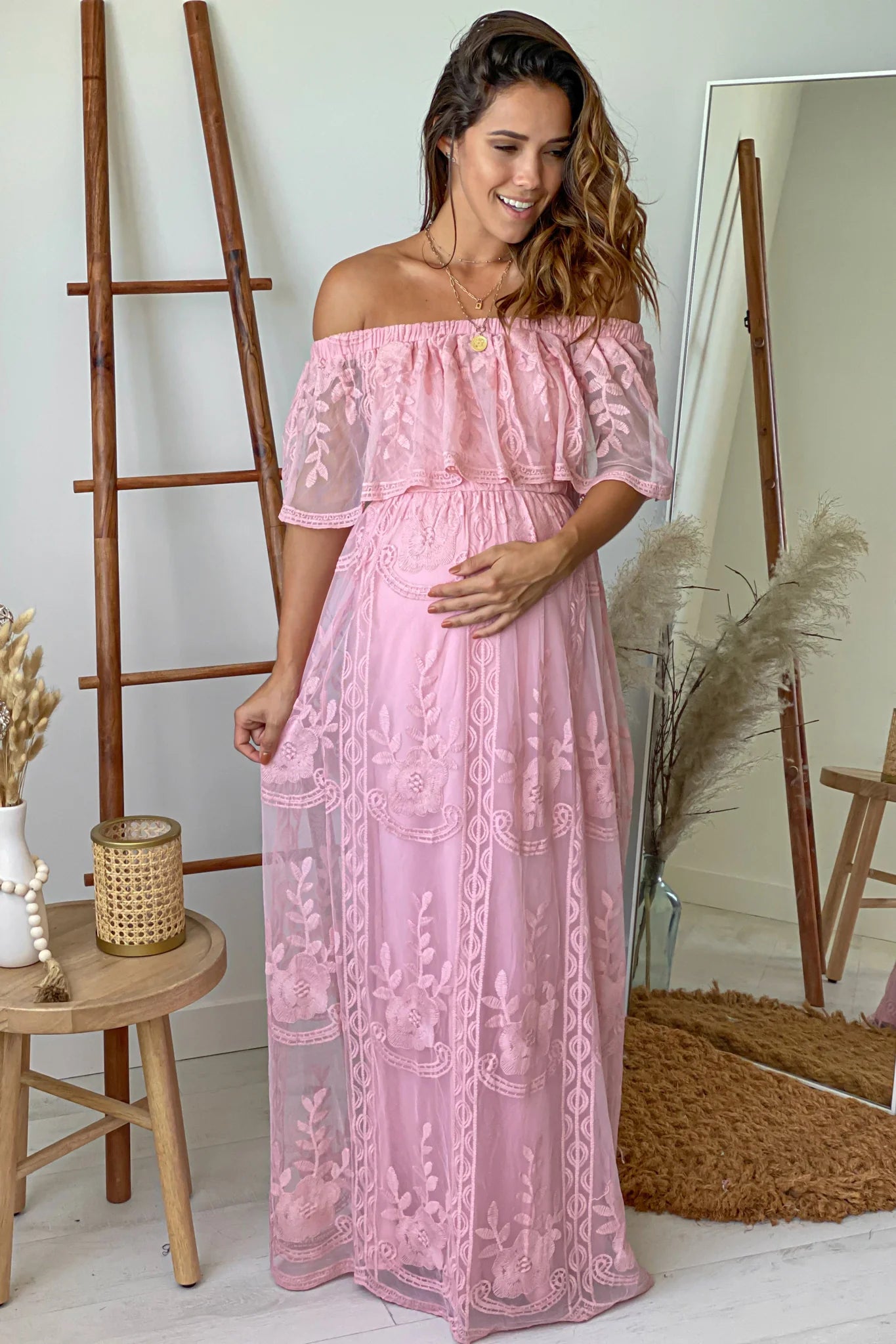Mauve Lace Off Shoulder Maternity Maxi Dress