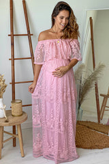 Mauve Lace Off Shoulder Maternity Maxi Dress