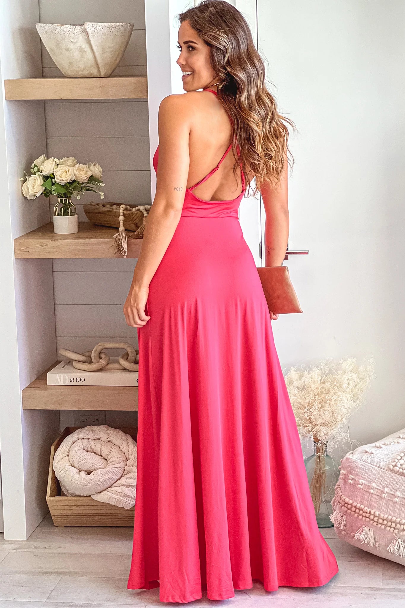 Rose Maxi Dress With Criss Cross Back And Slit
