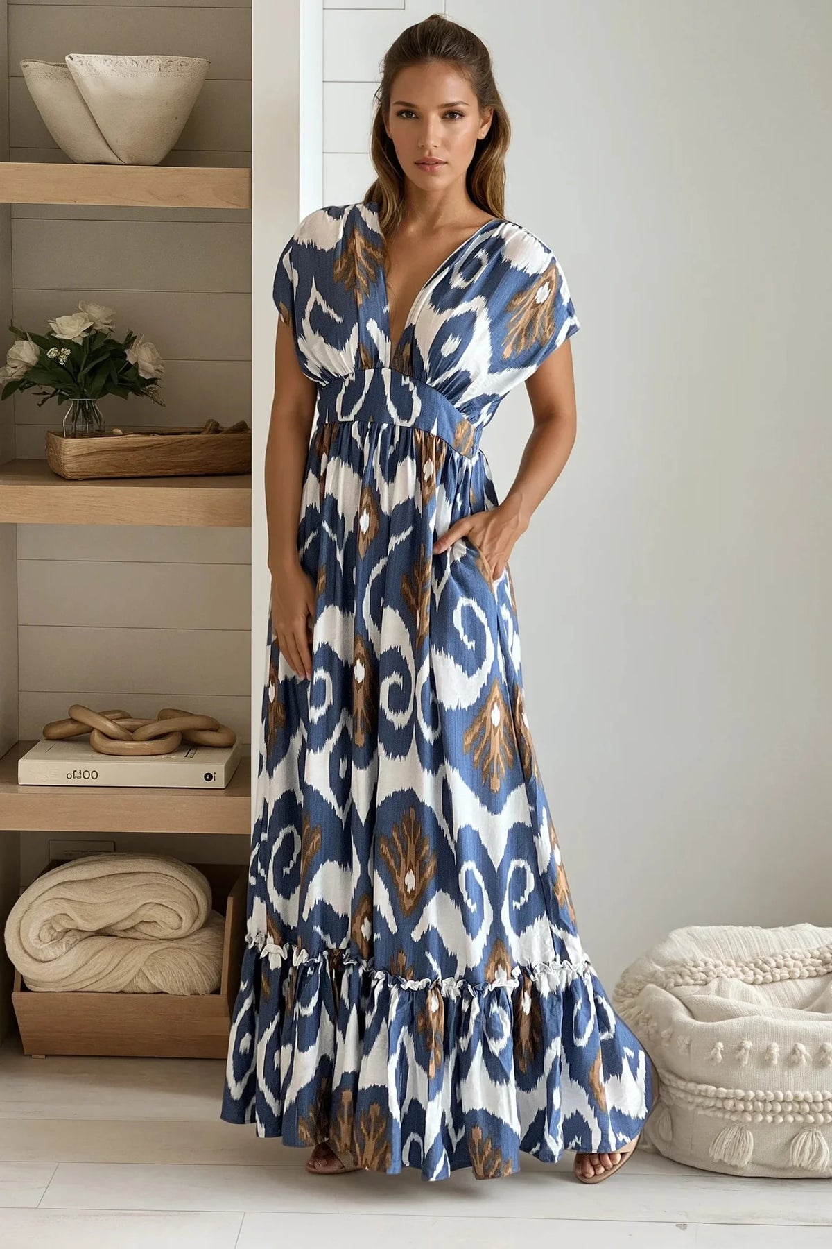 Blue Printed V Neck Maxi Dress