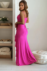 Fuchsia Sweetheart Ruffled Maxi Dress With Slit