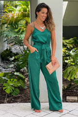 Hunter Green Draped Neckline Jumpsuit With Pockets