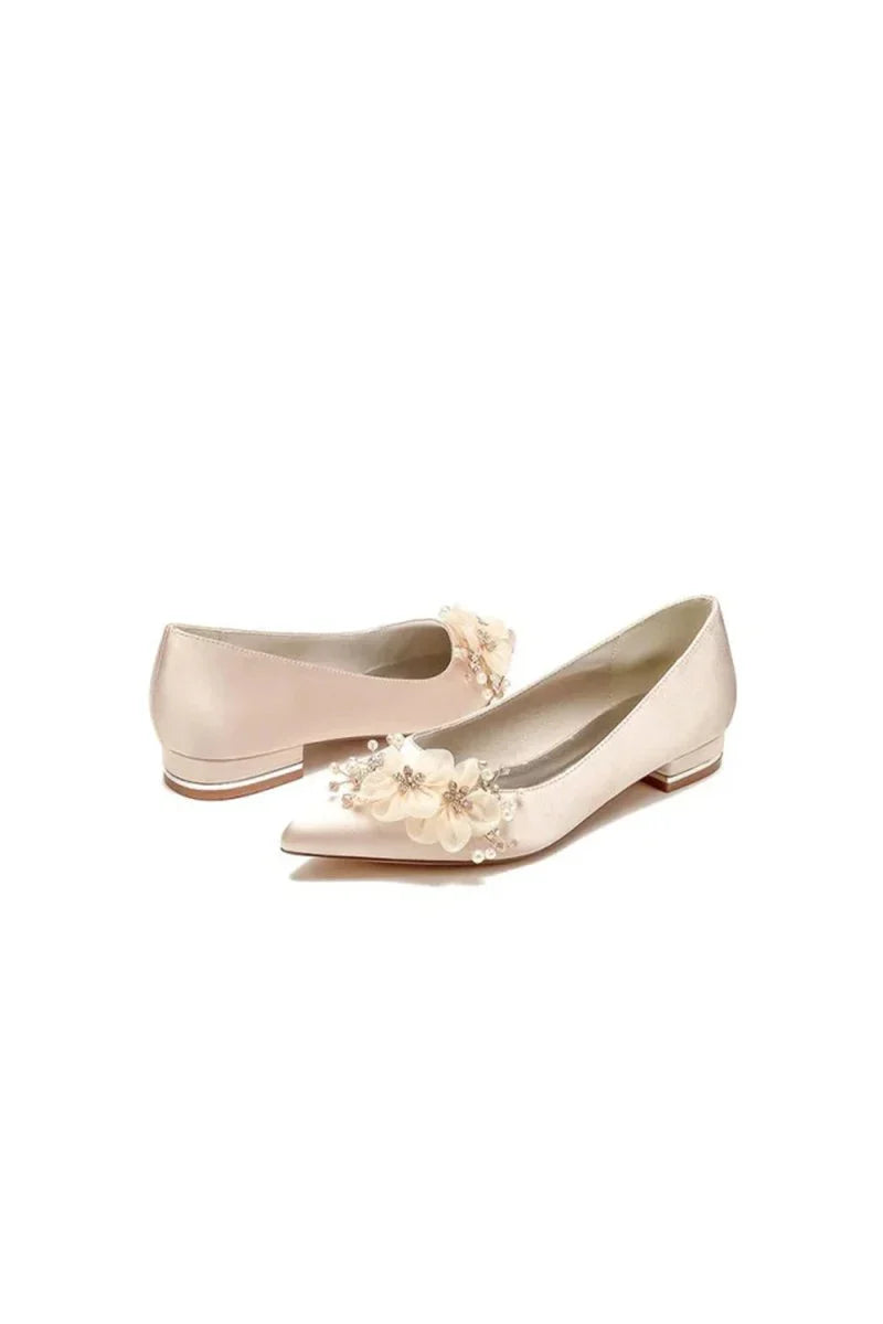 Satin Champagne Flats with Delicate Flower Embellishments