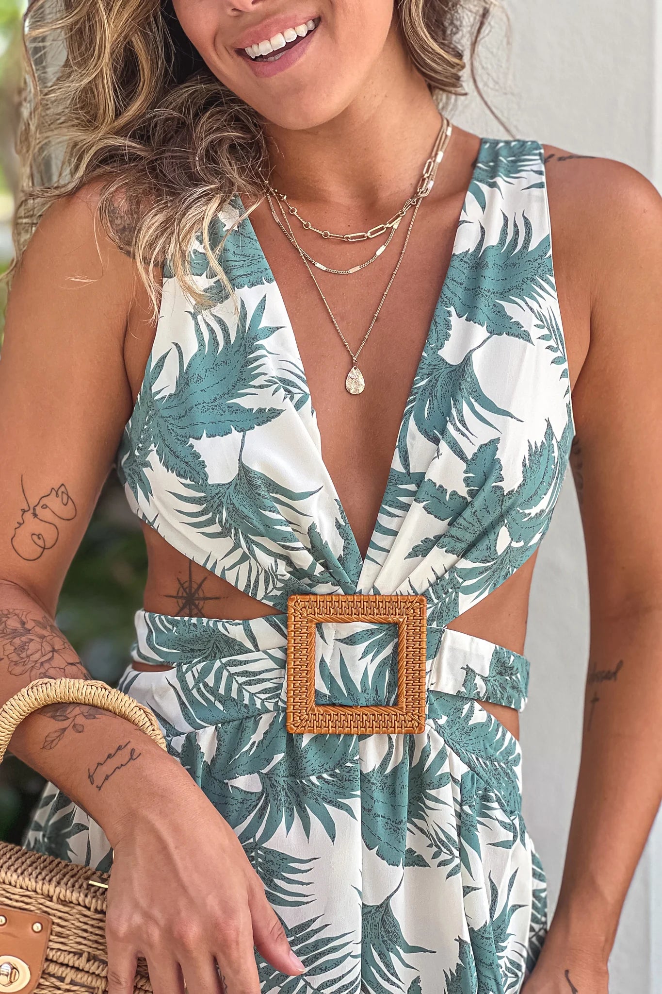 Green Printed V Neck Maxi Dress With Open Back