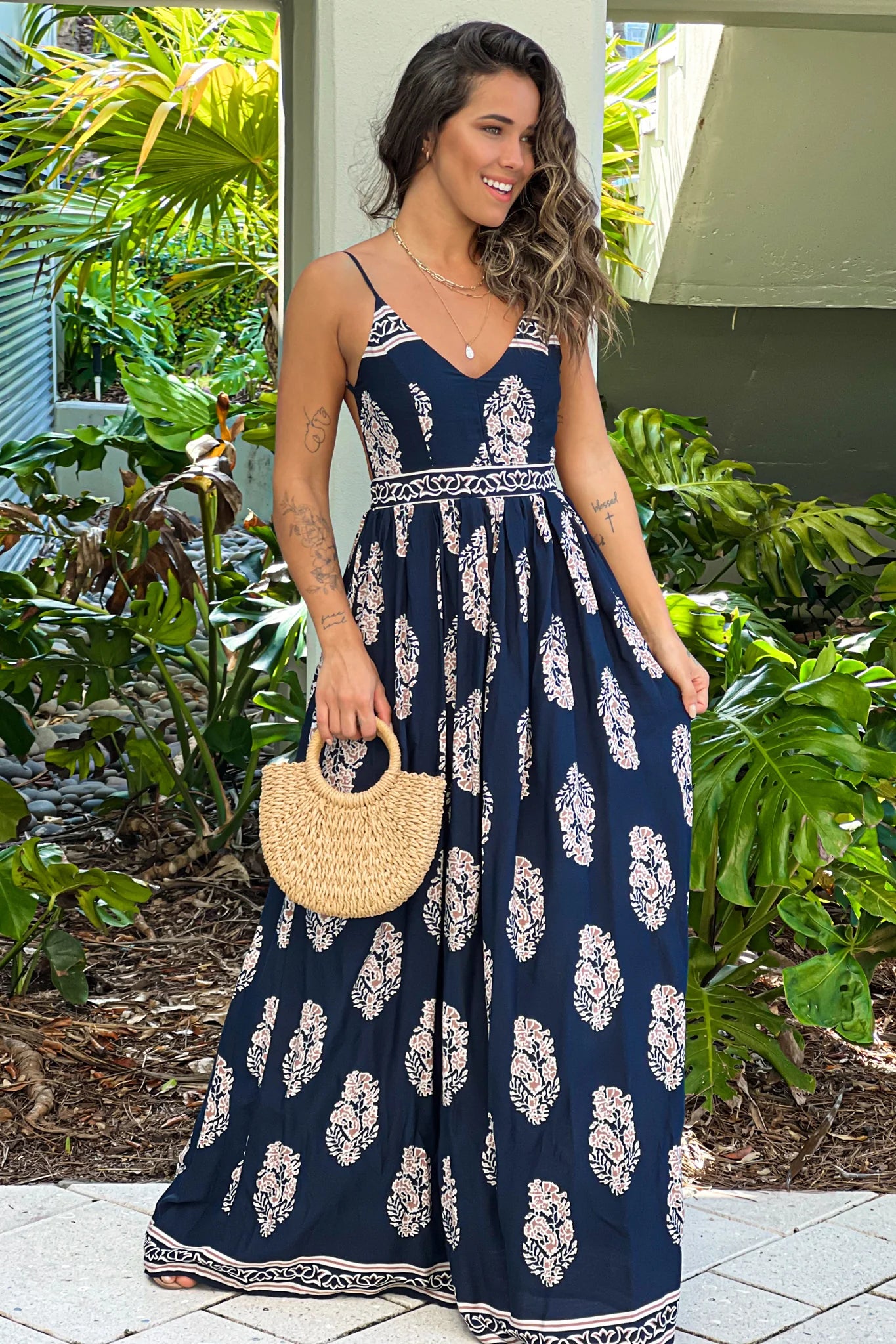Navy And Taupe Printed Maxi Dress With Open Back