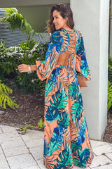 Peach Printed Maxi Dress With Cut Out