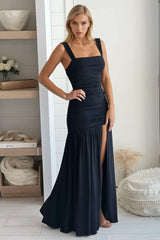 Black Jersey Ruched Maxi Dress With Slit
