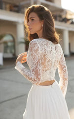 Two Piece V neck Wedding Dress with Sweep Train Lace Long Sleeves