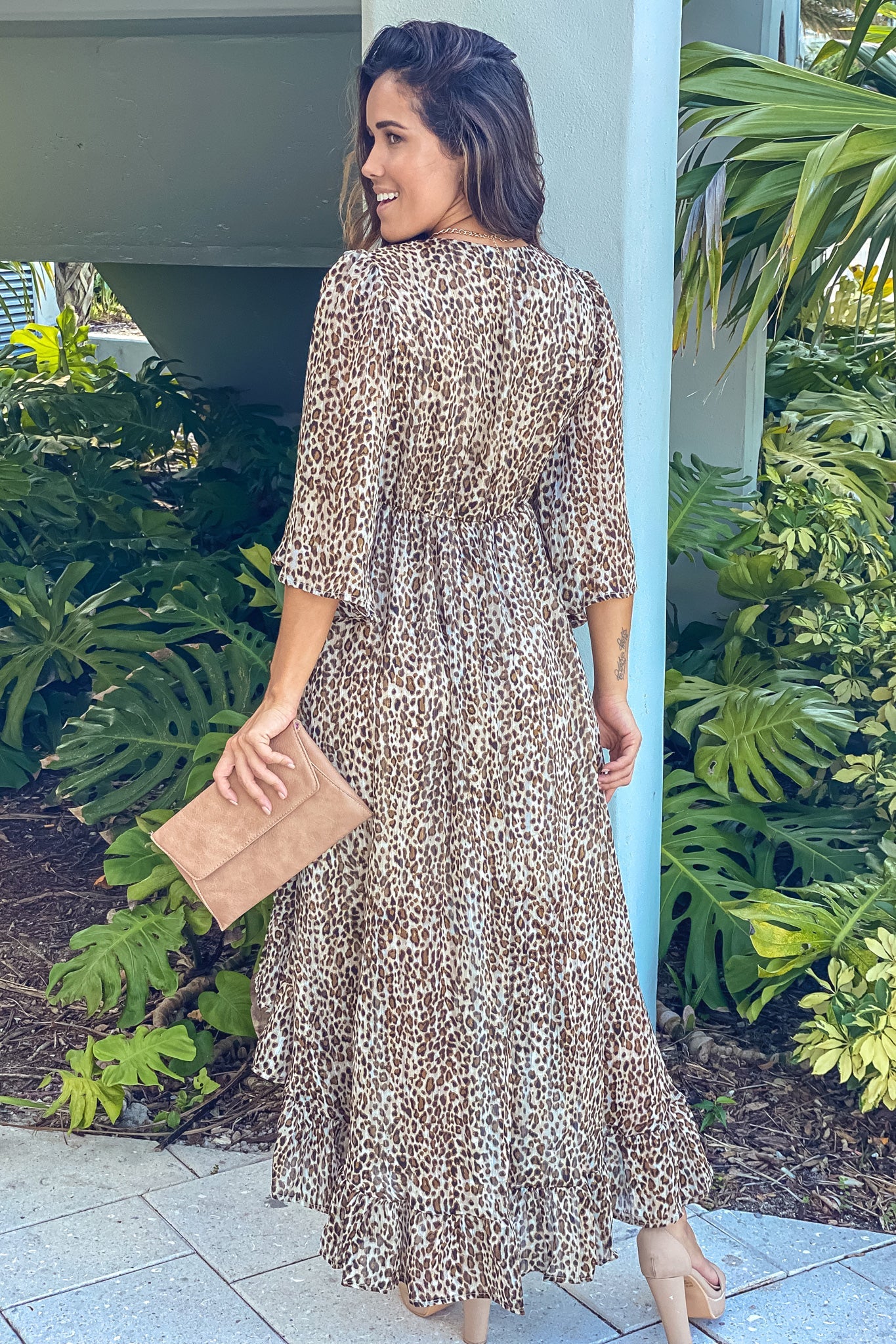 Leopard Front Tie Ruffled High Low Dress