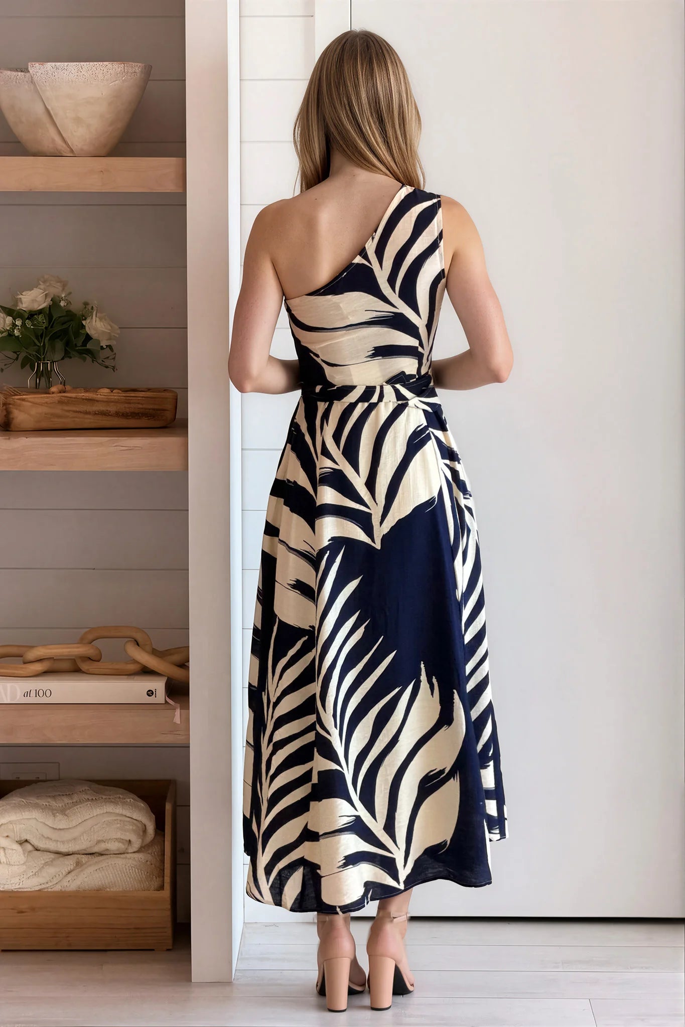 Navy Leaf Printed One Shoulder Dress