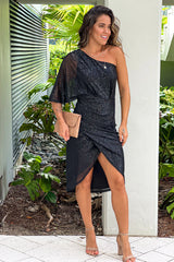 Black Sequin One Shoulder Midi Dress