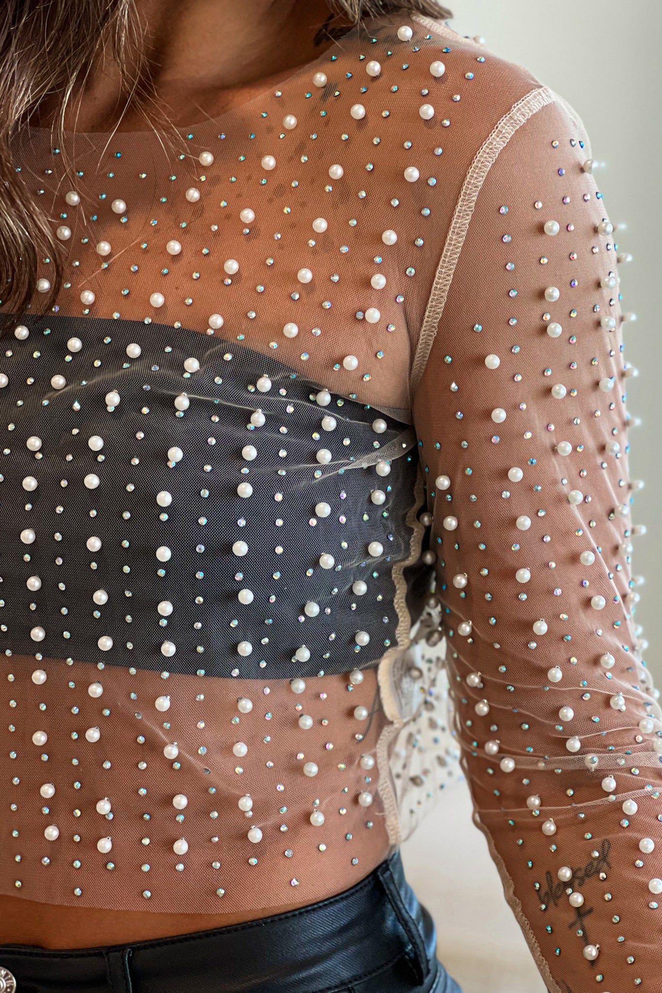 Nude Pearl And Rhinestone Long Sleeve Mesh Top