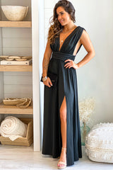 Black Sleeveless V Neck Maxi Dress With Slit
