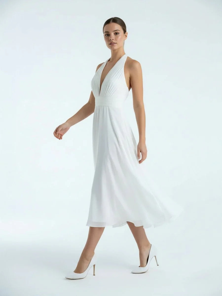 Vintage Tea Length Chiffon Wedding Dress With Halter Neck and Bow